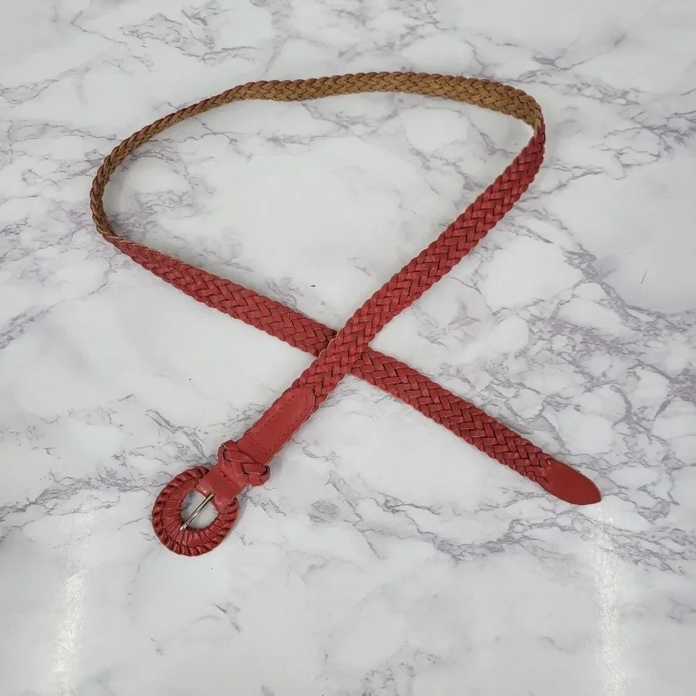 Vintage Braided Woven Coral Red Leather Belt Boho Slender Slim